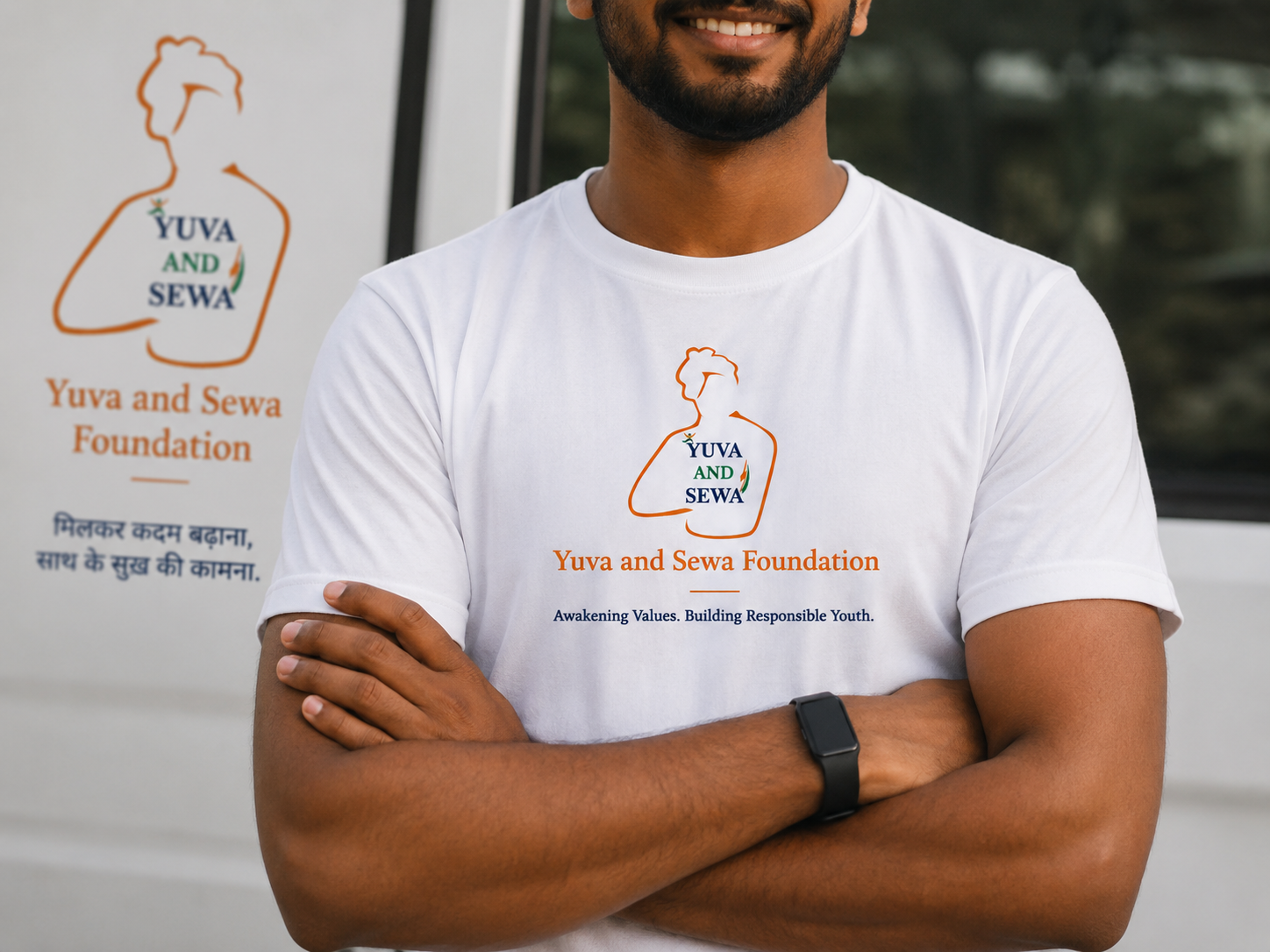 Volunteers helping children